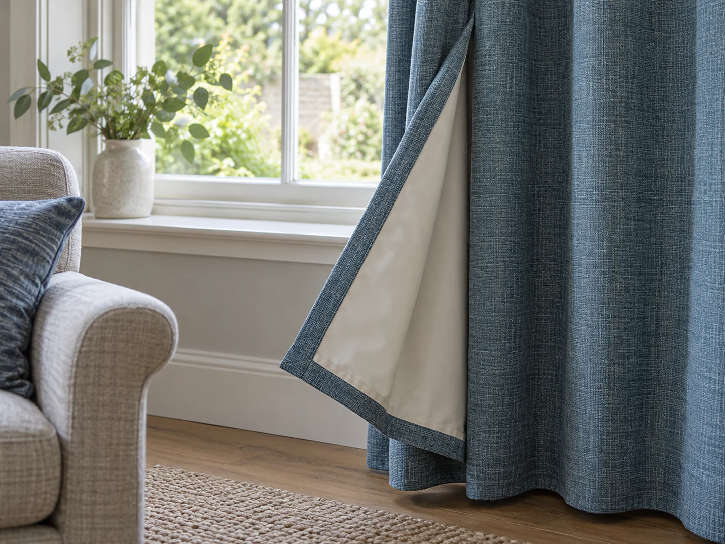 turned-back curtain corner exposing pale lining behind textured blue face fabric.