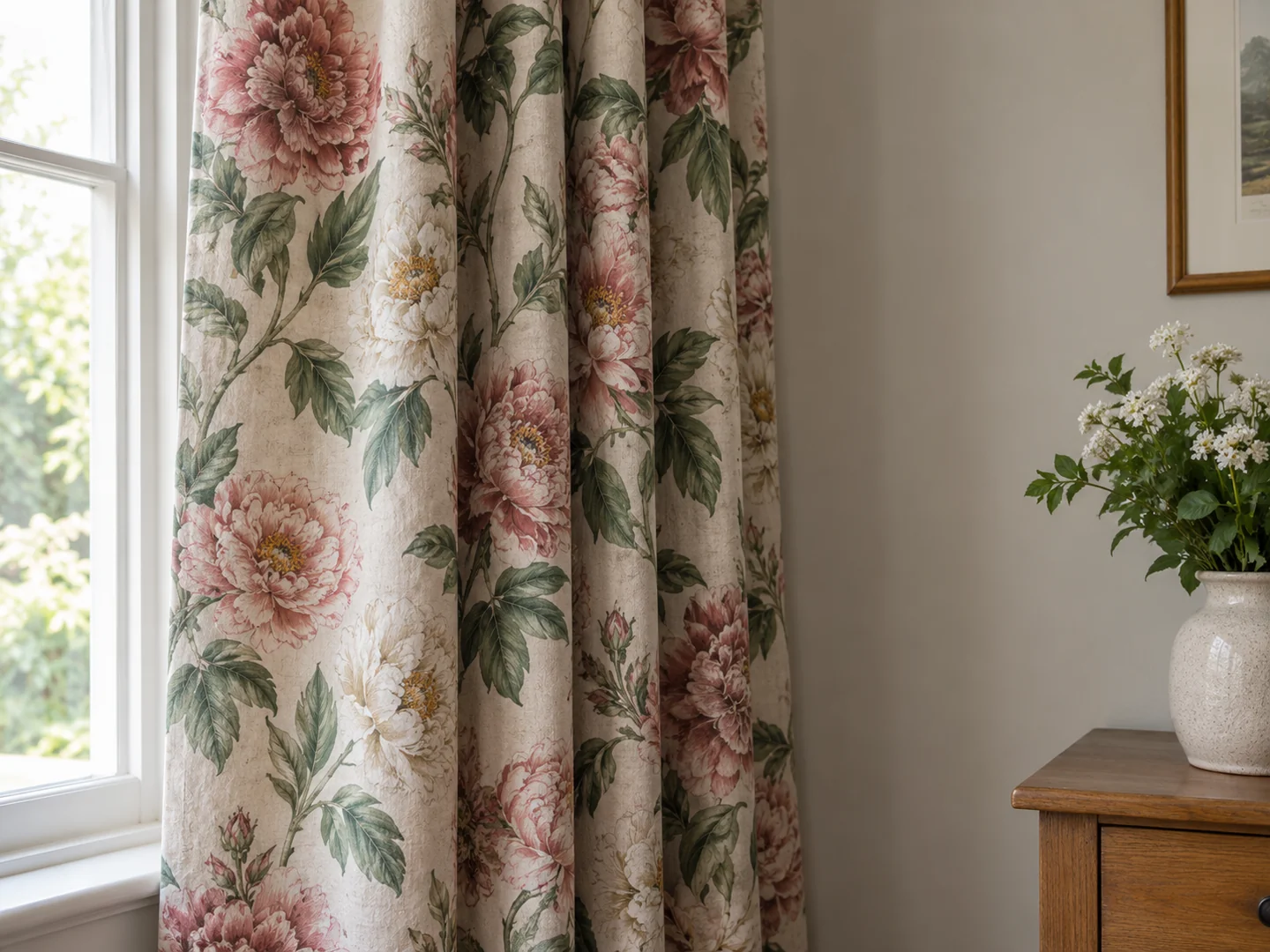 large floral curtain fabric draped in folds beside a plain wall.