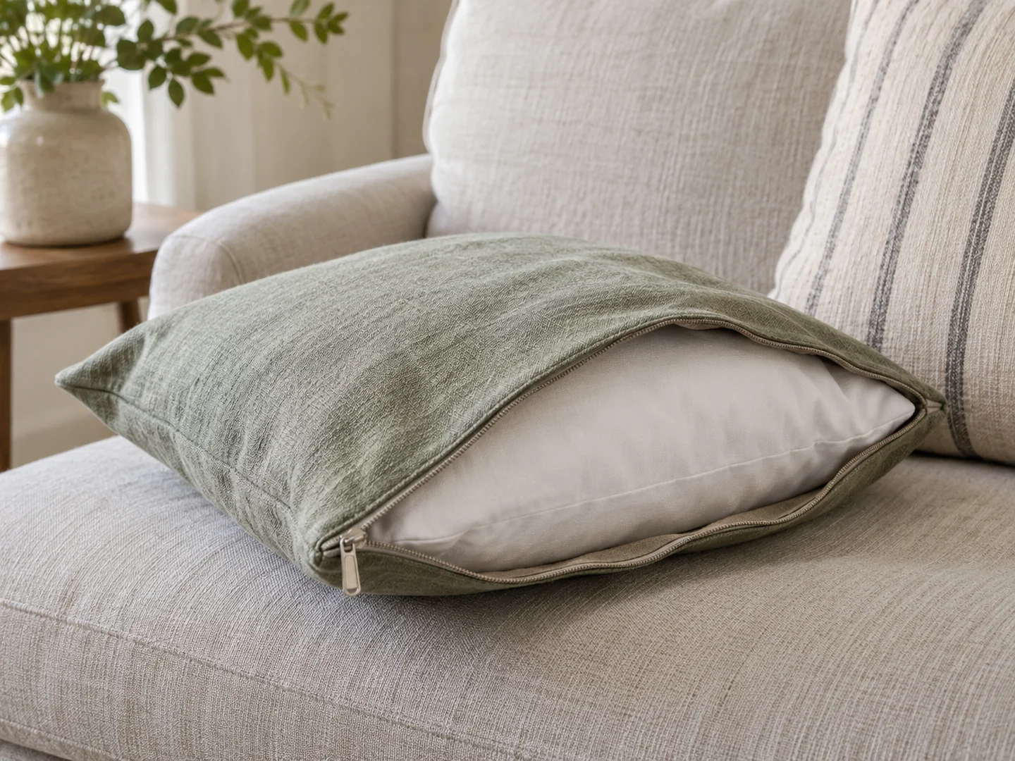 unzipped linen cushion cover with a plain white cushion pad partially visible.