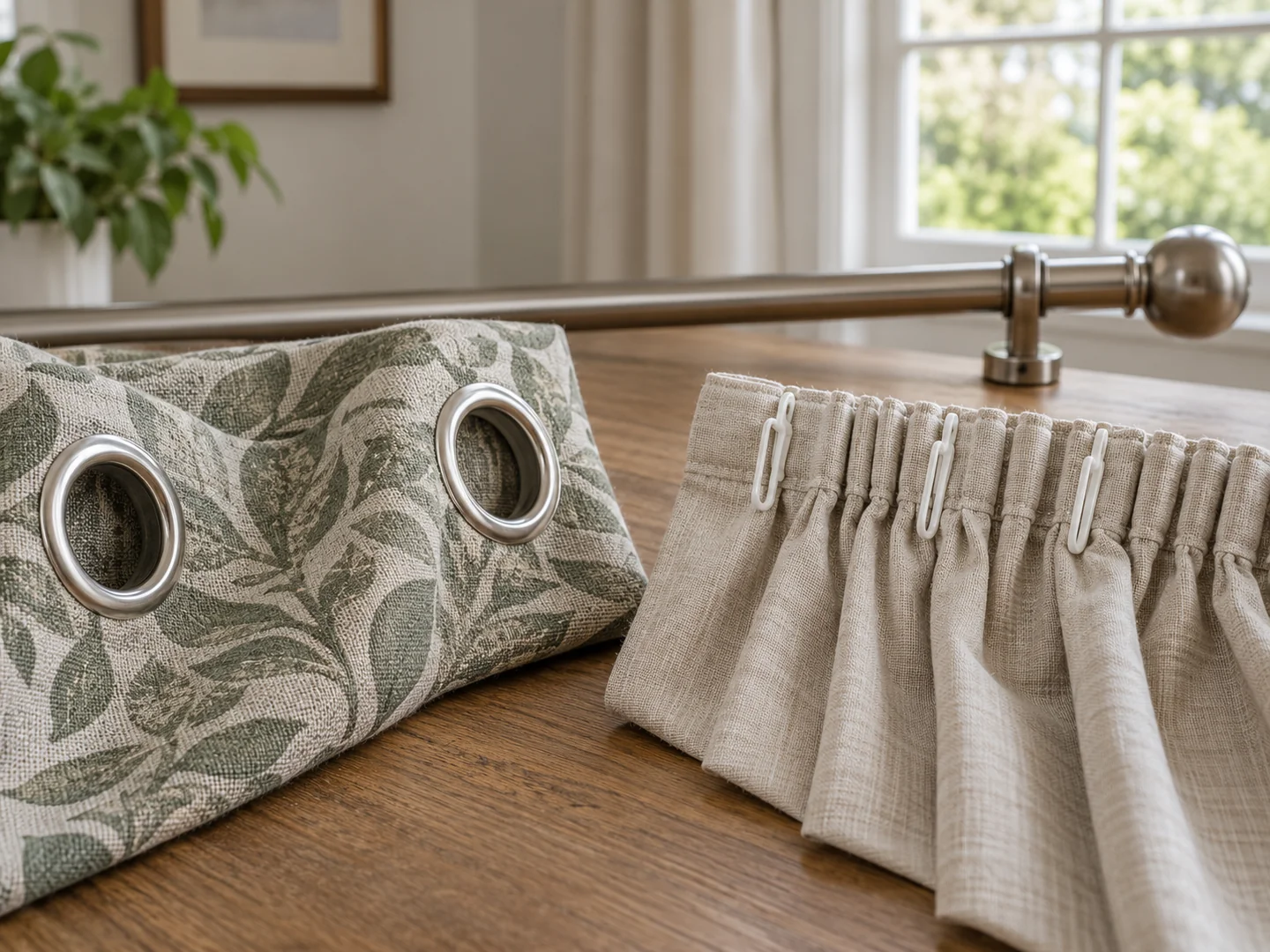 two separate fabric curtain heading samples, one metal eyelet and one pencil pleat with hook.