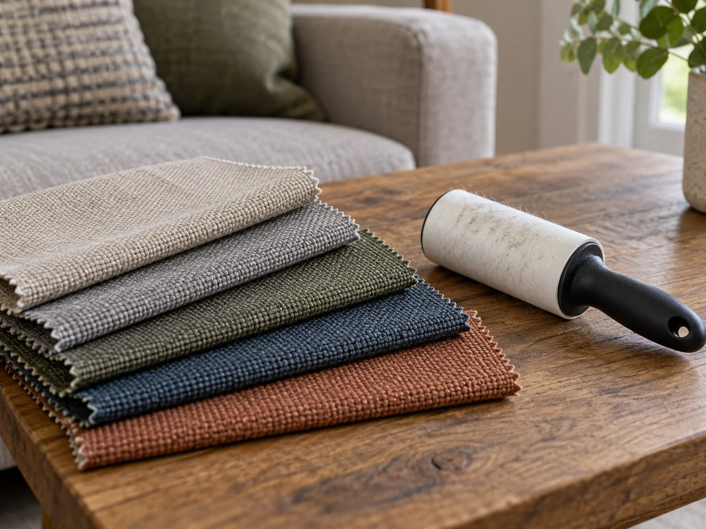 closely woven upholstery swatches beside a household lint roller on a table.