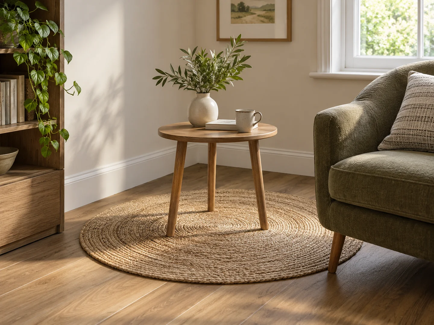 round jute-coloured rug under a small round occasional table in an open corner.