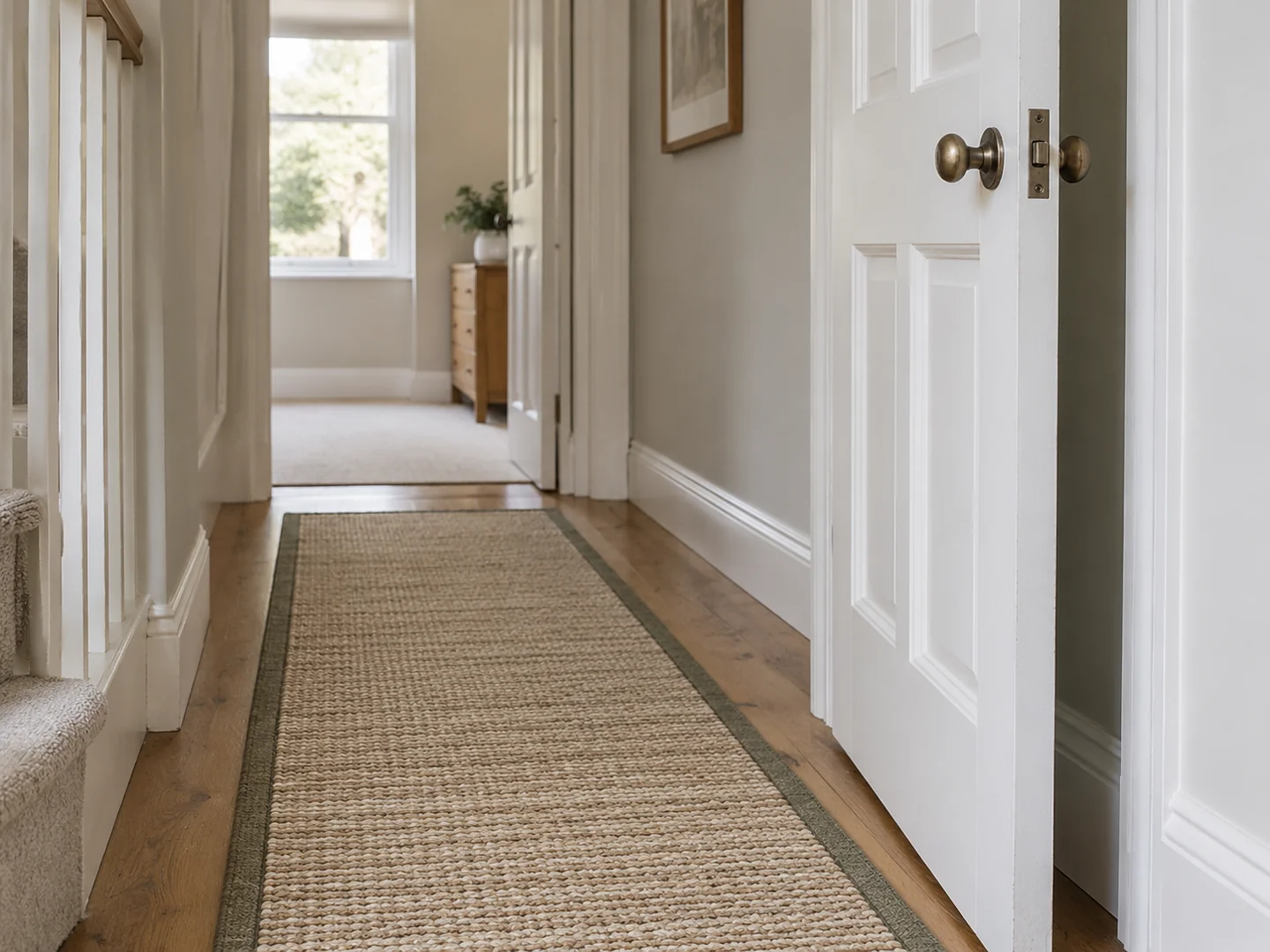 low pile hallway runner with an open white internal door beside it.