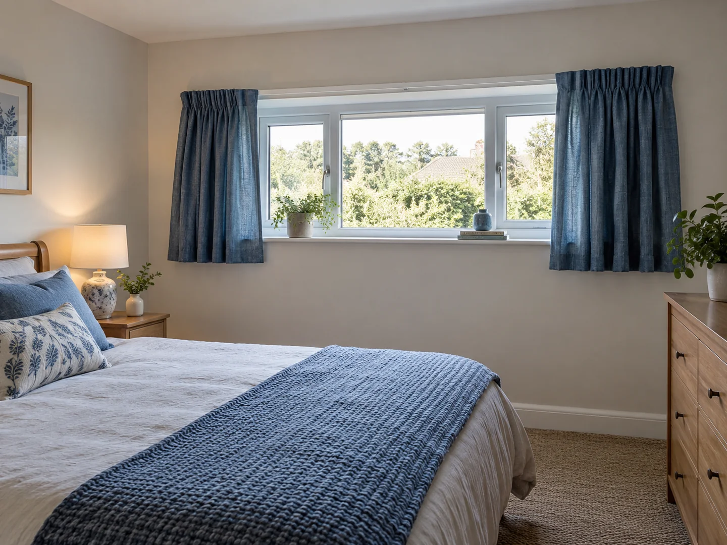 short wide bedroom window with simple sill-length blue curtains.