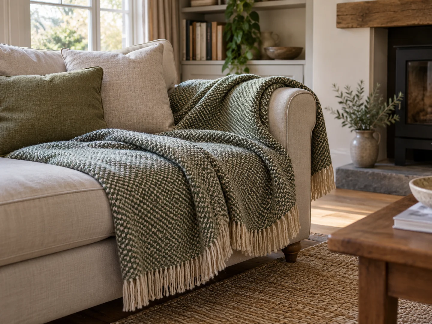 generous folded woven throw covering sofa seat and draping over the arm.