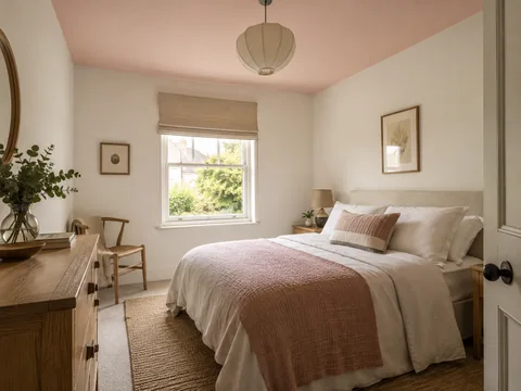 small bedroom with pale blush ceiling and warm white walls.