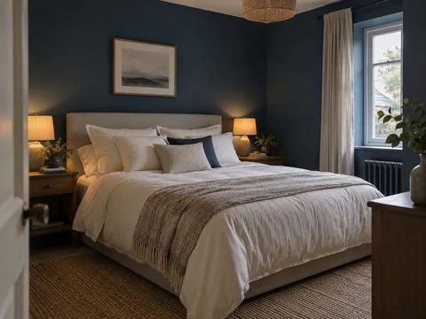 bedroom with deep blue painted walls, ivory bed linen and warm bedside lamp.