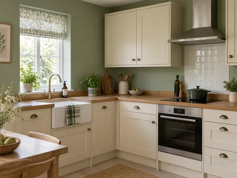 sage green kitchen wall with cream cabinets and oak worktop.