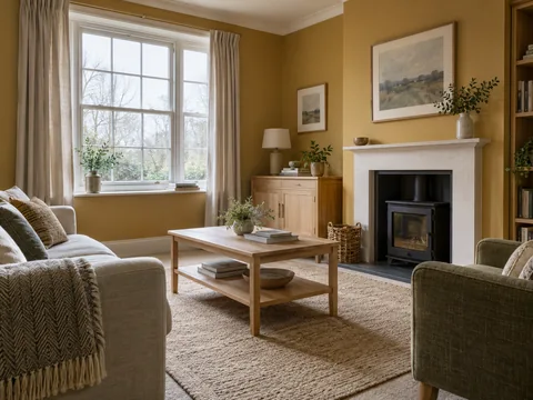 sitting room with muted warm ochre walls and pale oak furniture, soft overcast daylight.