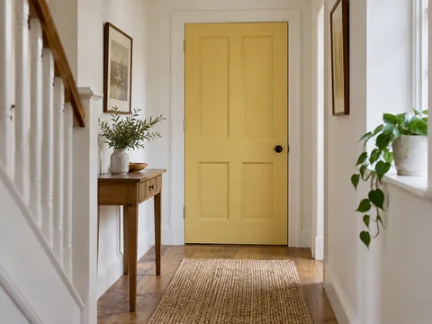 muted yellow internal panelled door in a white hallway.