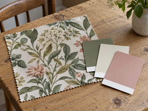 botanical patterned fabric swatch with three matching paint colour cards on wooden table.