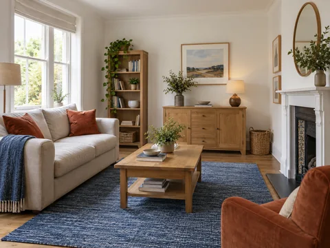 white rental living room with blue rug rust cushions and freestanding oak furniture.