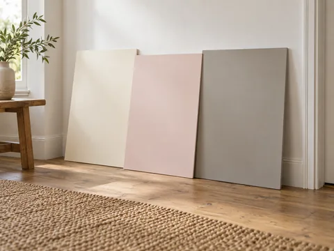 three large painted sample boards in cream, pale pink and warm grey leaning against a white wall.
