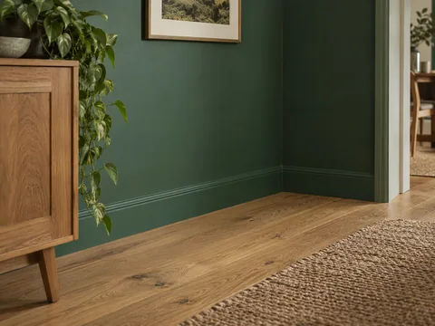 deep green wall with matching green skirting meeting an oak floor.