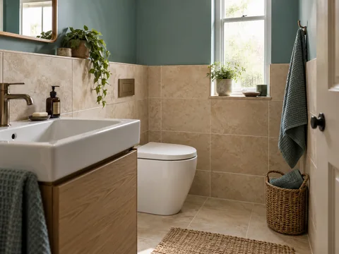 small bathroom detail with beige tiles and muted teal upper wall.