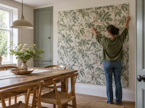 large botanical wallpaper sample held flat on a dining room wall.