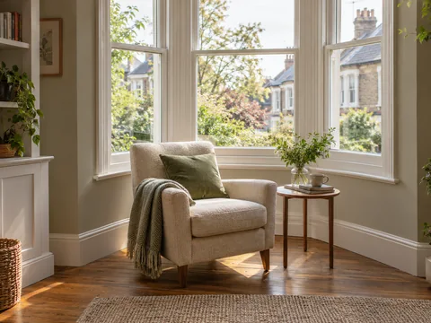 A bay window with one small armchair and a round side table.