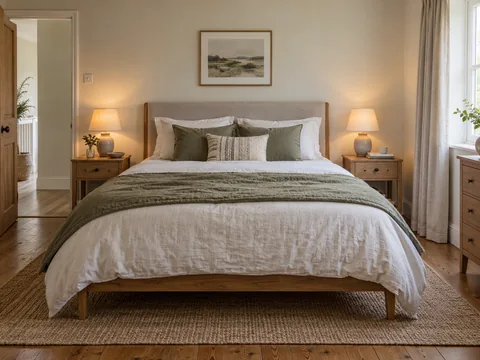 A double bed placed against a plain wall with access on both sides.