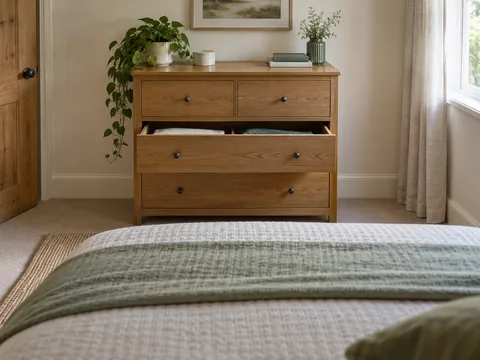 A chest of drawers facing the foot of a bed with one drawer open.