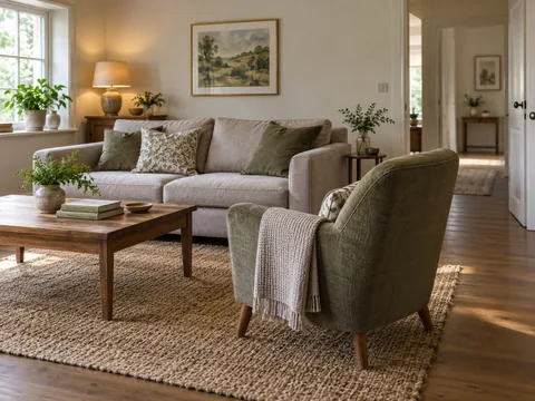 An armchair angled towards a sofa with an open route behind it.