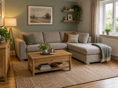 An L shaped sofa with its chaise projecting into a modest living room.