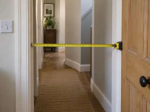 A tape measure across an open internal doorway with a hallway bend beyond.