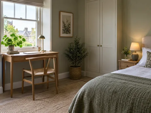 A small desk positioned beside a bedroom window away from the bed.