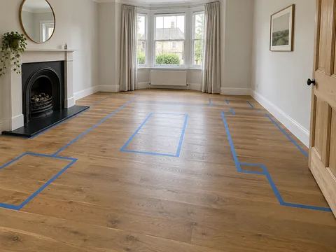 A mostly empty room with painter tape furniture outlines on the floor.
