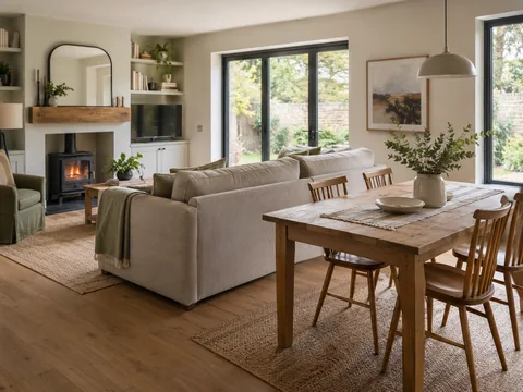 An open plan living dining room with a sofa back dividing the two areas.