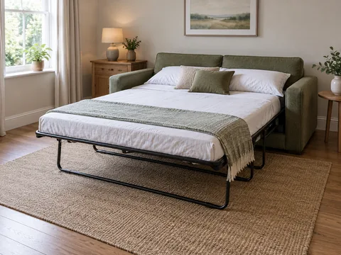 A fully opened sofa bed with clear walking space at its foot.