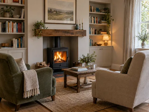 A living room with chairs oriented towards a fireplace and books rather than a television.