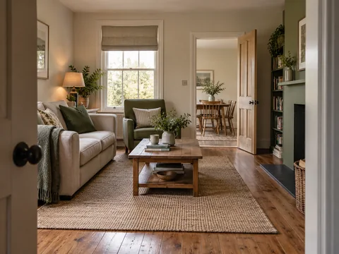 A living room seen from one doorway with another doorway visibly unobstructed.