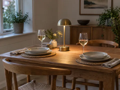 Small cordless metal table lamp on a dining table set for two.