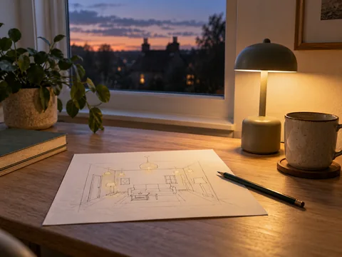 Hand-drawn simple room sketch beside pencil and a small lamp on a desk near a window at dusk.