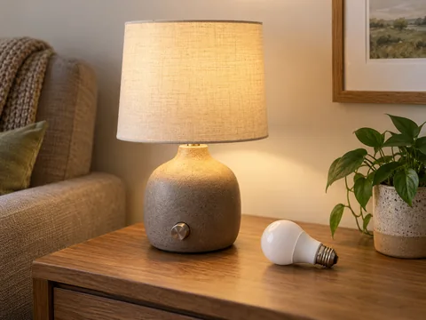 Dimmable table lamp with a rotary control on its base and a frosted LED bulb resting beside it.