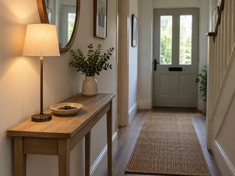 Slender table lamp on a narrow hallway console with a shallow key dish and clear walking space.