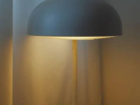 An opaque dome shade above a slim lamp stem on a side table.