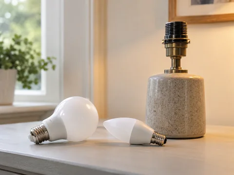 Two unbranded LED bulbs with different shaped envelopes on a pale tabletop beside a table lamp socket.