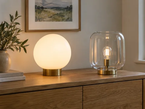 Opal white glass globe lamp beside a clear glass lamp shade on a quiet sideboard, distinct materials visible.