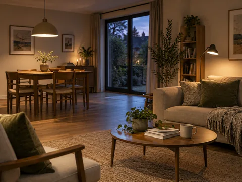 Small open-plan living and dining room at dusk with dining pendant and separate reading lamp making distinct lit areas.