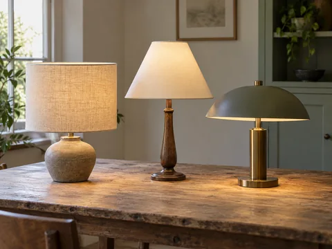 Three separate lampshades, a linen drum, tapered cream cone and shallow opaque metal dome, arranged on a worktable.