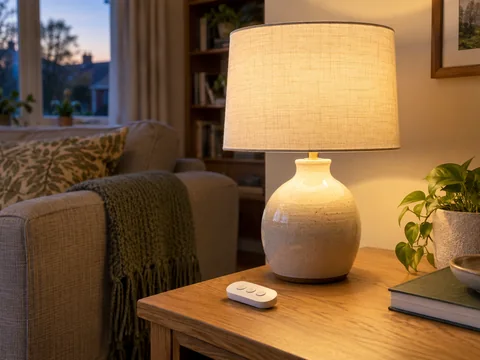 A lit table lamp beside a small wireless lighting remote on a side table.