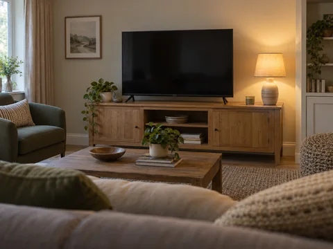 Living room television switched off with a shaded lamp positioned well to its side, viewed from the sofa.