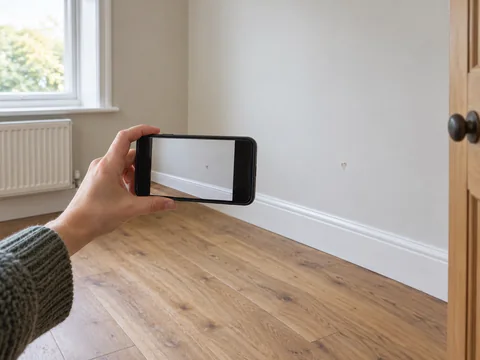 Smartphone held towards an empty room skirting board and existing small wall mark.