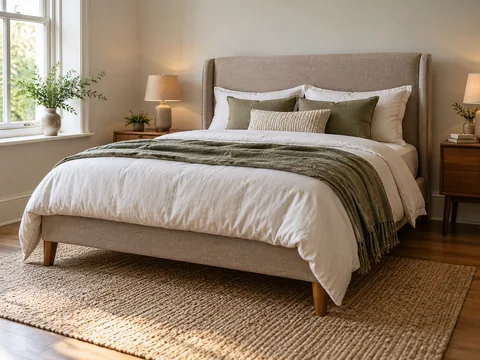 Freestanding bed frame with upholstered headboard attached to the bed, visibly separated from a plain wall.