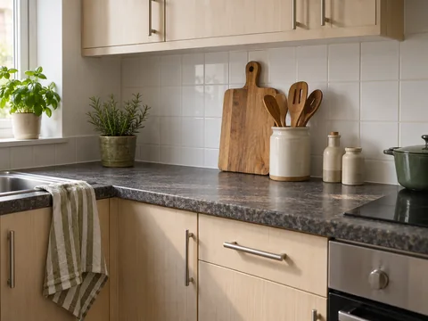 Ordinary rental kitchen worktop with wooden board, ceramic utensil pot and coordinated tea towel, original cupboards visible.