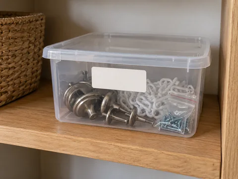 Labelled storage box holding original cabinet handles, curtain hooks and a small bag of screws on a shelf, labels not readable.