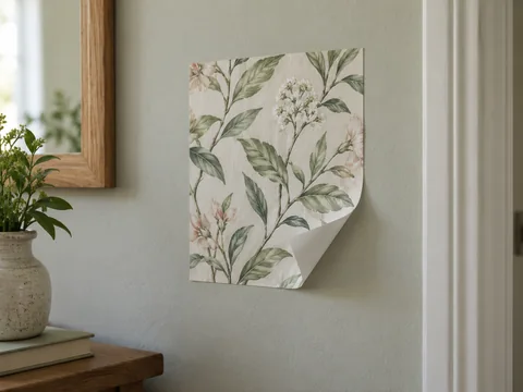 Small botanical peel-and-stick wallpaper sample on a painted wall with its lower corner gently lifted, not a whole installation.