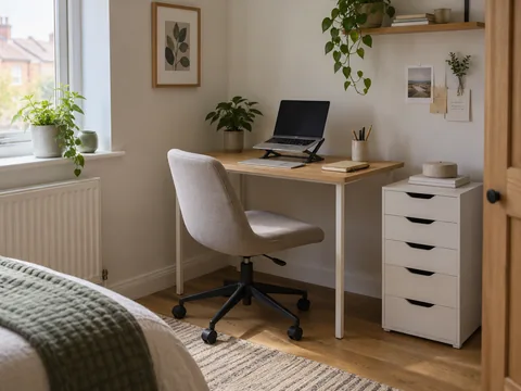 Small free-standing desk with task chair, folding laptop stand and slim drawer unit in a rental bedroom corner.