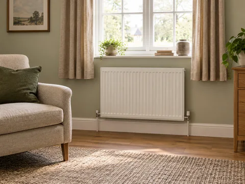 White panel radiator on a wall with curtains ending clear of it and an armchair offset to one side.